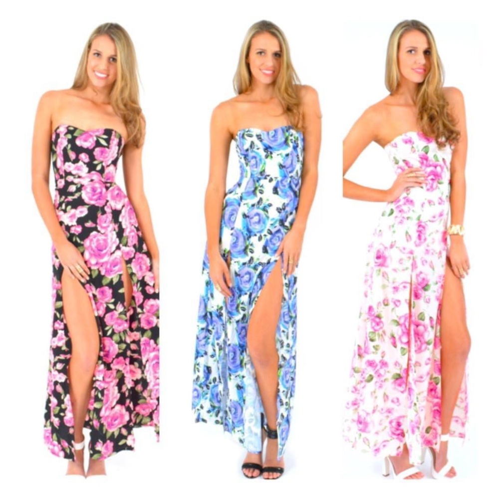 NWT Miss Holly Strapless Purple Floral Two Slit Maxi Dress Medium